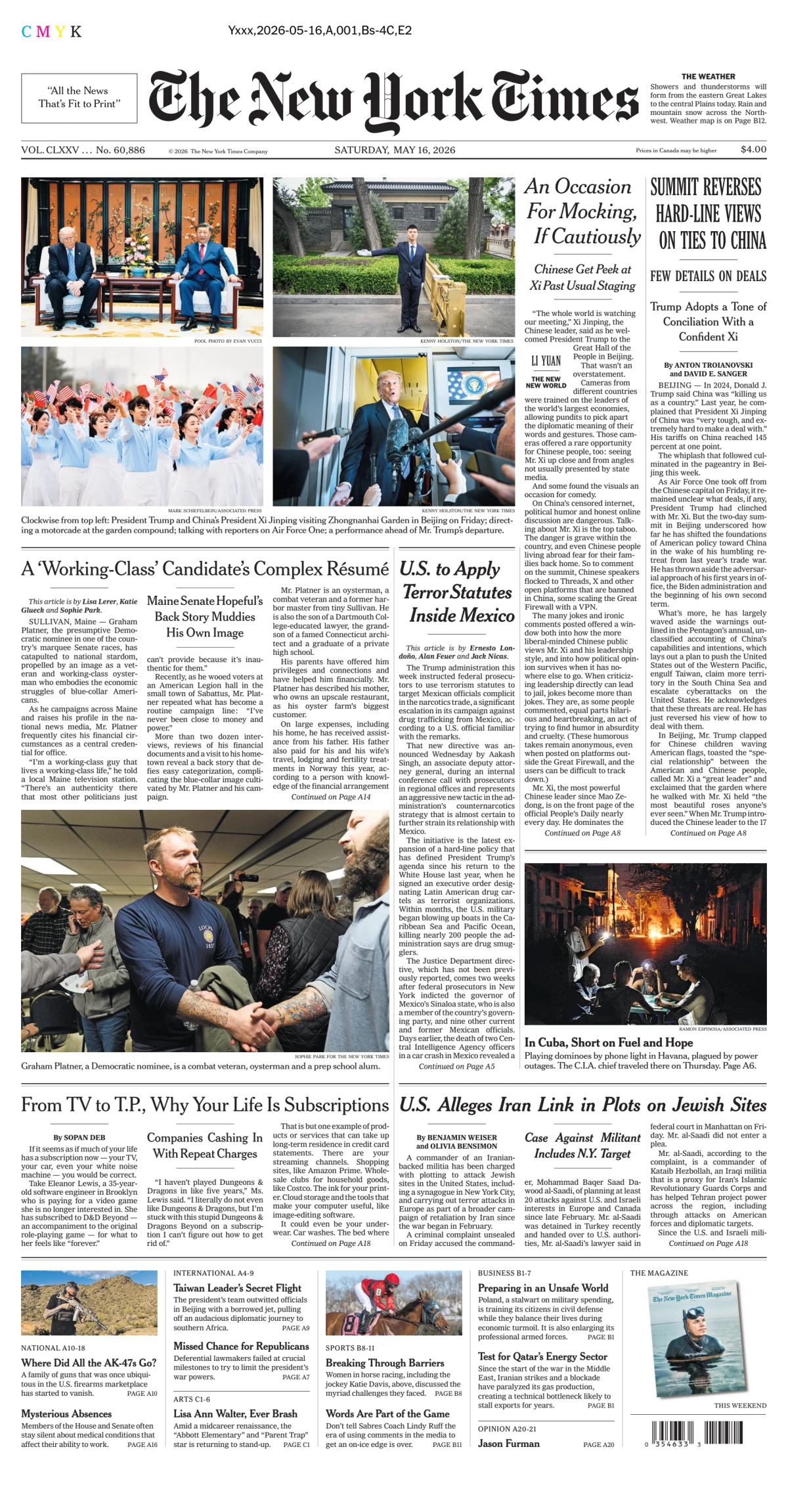Portada de The New York Times (national) del sábado, 16 de mayo de 2026