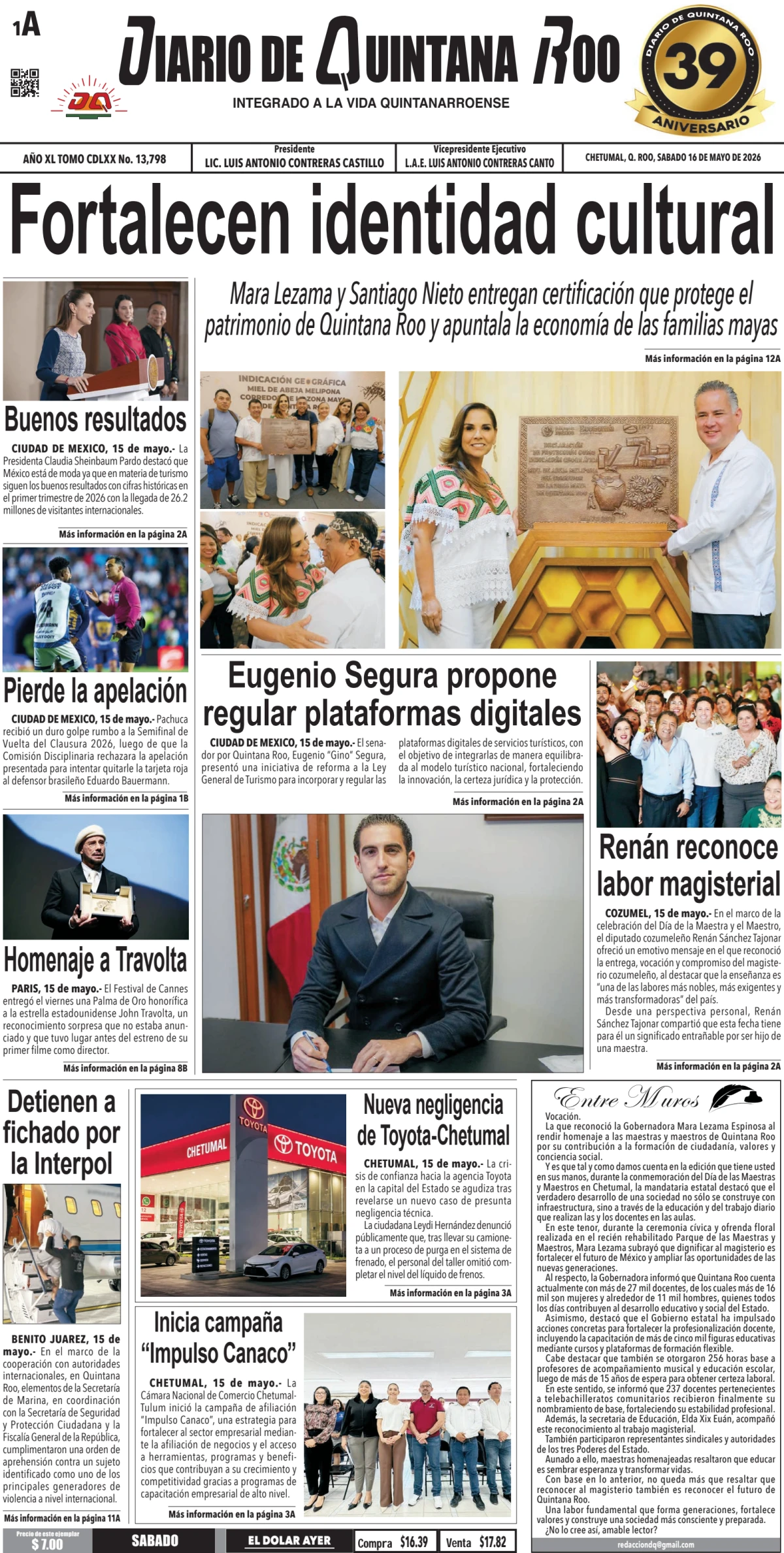 Portada de Diario de Quintana Roo (portada) del sábado, 16 de mayo de 2026