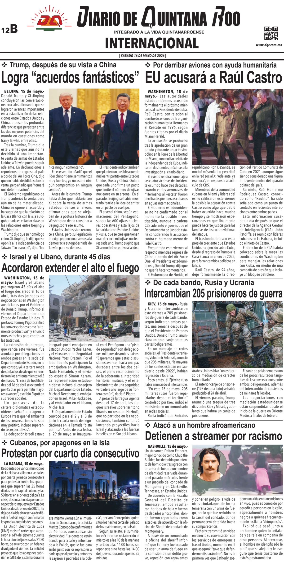 Portada de Diario de Quintana Roo (contra Portada) del sábado, 16 de mayo de 2026