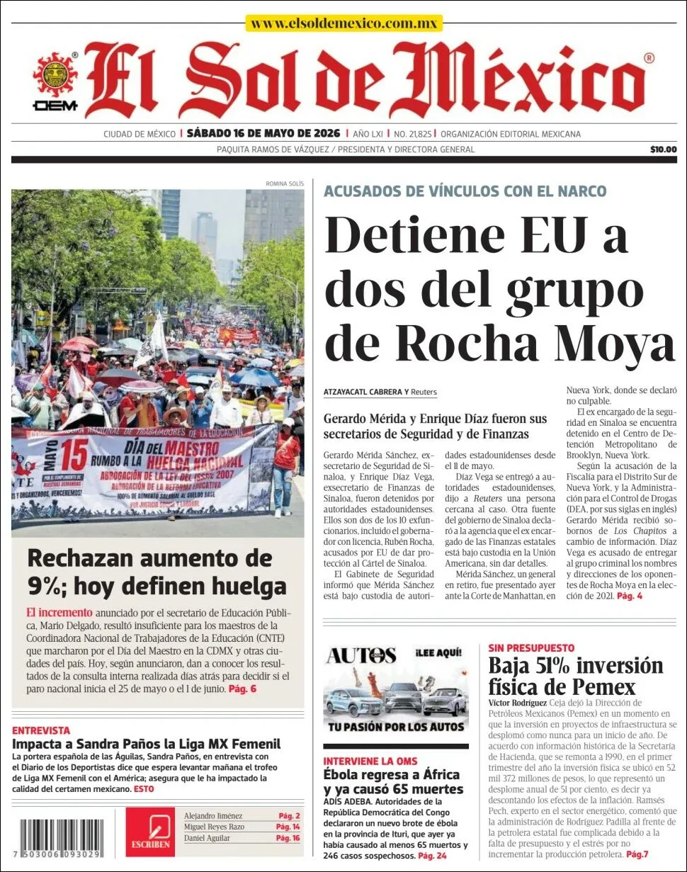 Portada de El Sol de Mexico del sábado, 16 de mayo de 2026
