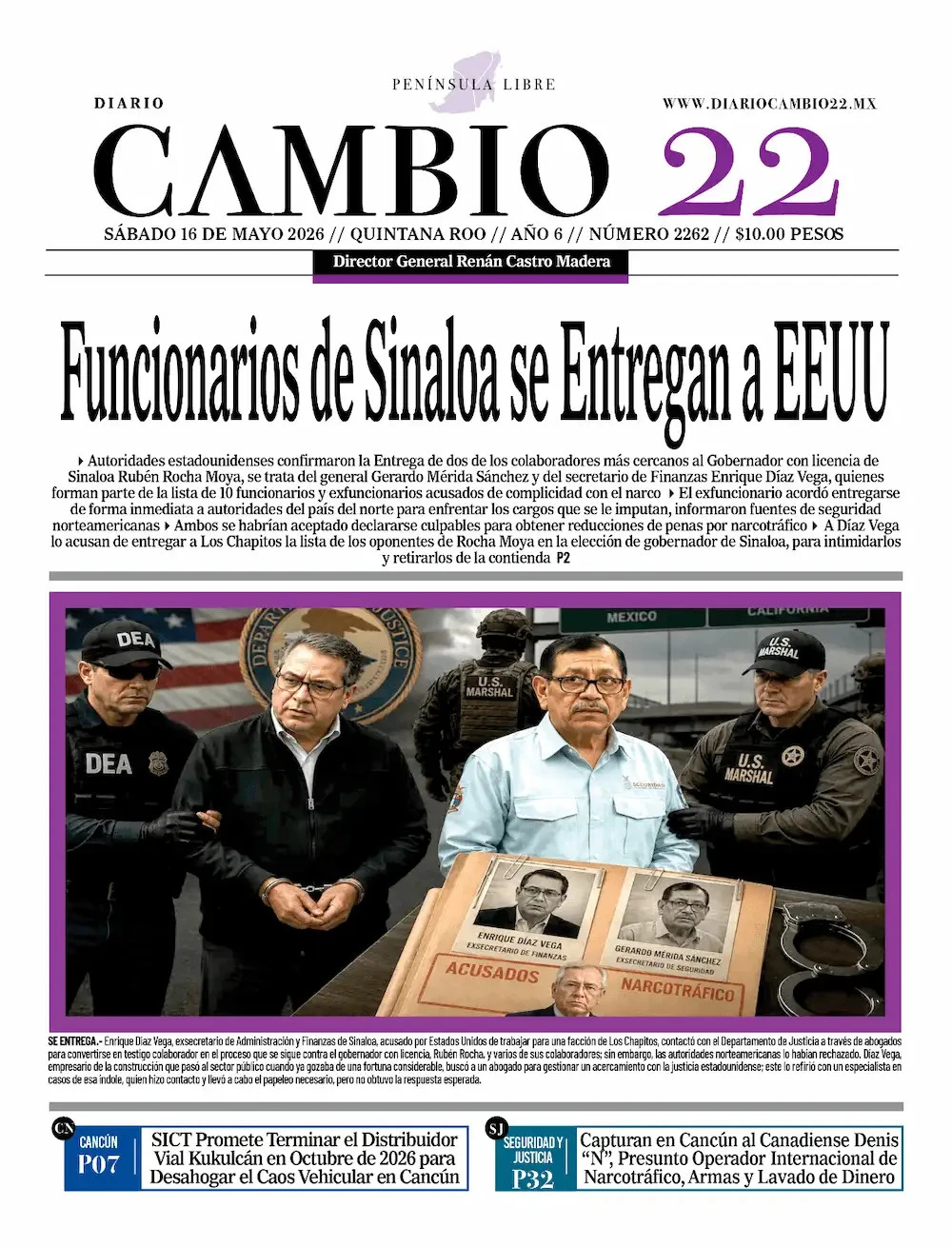 Portada de Diario Cambio 22 (contraportada) del sábado, 16 de mayo de 2026