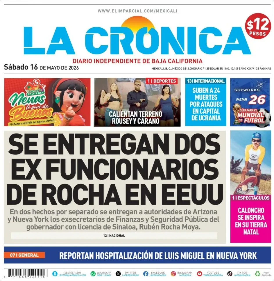 Portada de La Cronica del sábado, 16 de mayo de 2026