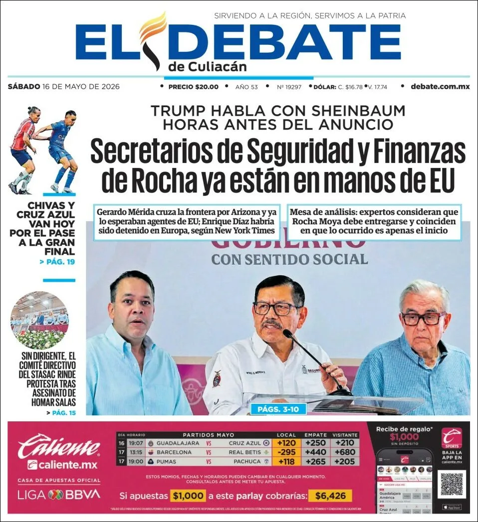 Portada de El Debate de Culiacan del sábado, 16 de mayo de 2026