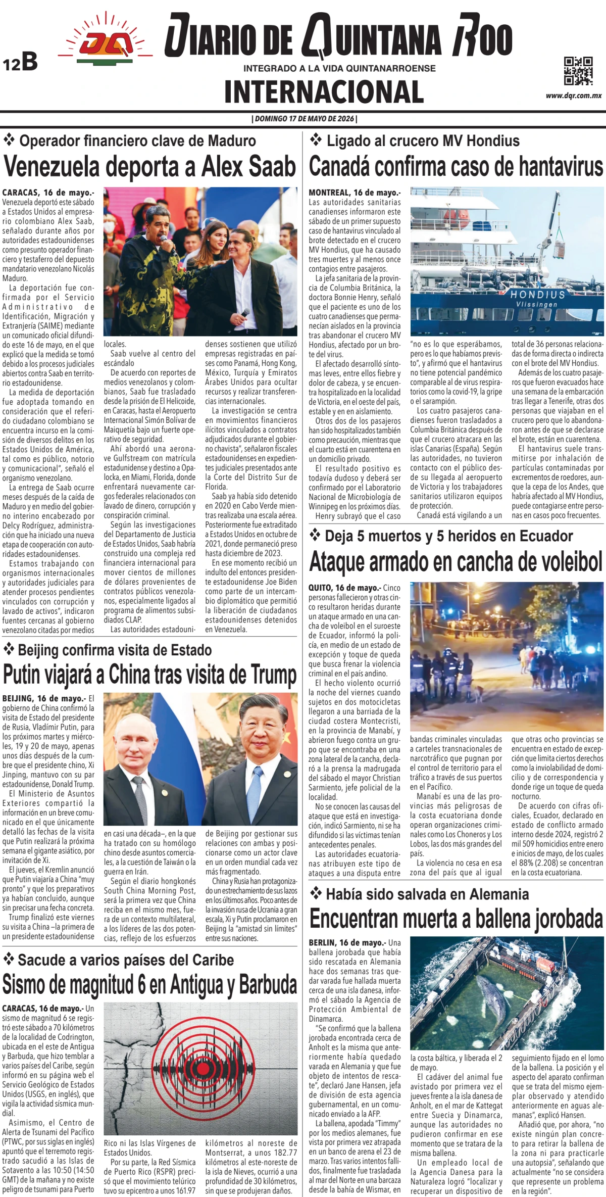 Portada de Diario de Quintana Roo (contra Portada)
