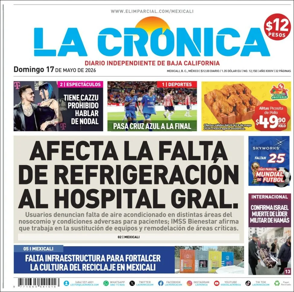 Portada de La Cronica del domingo, 17 de mayo de 2026