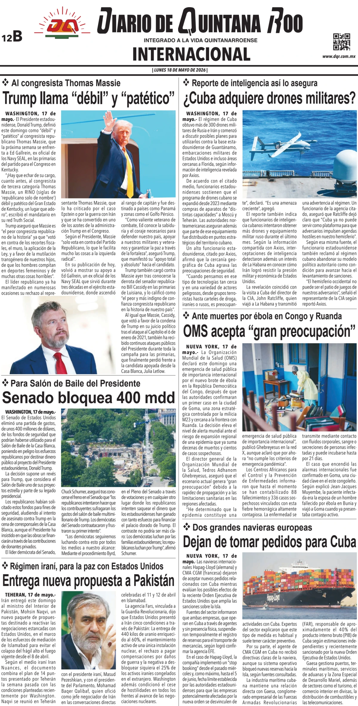 Portada de Diario de Quintana Roo (contra Portada) del lunes, 18 de mayo de 2026