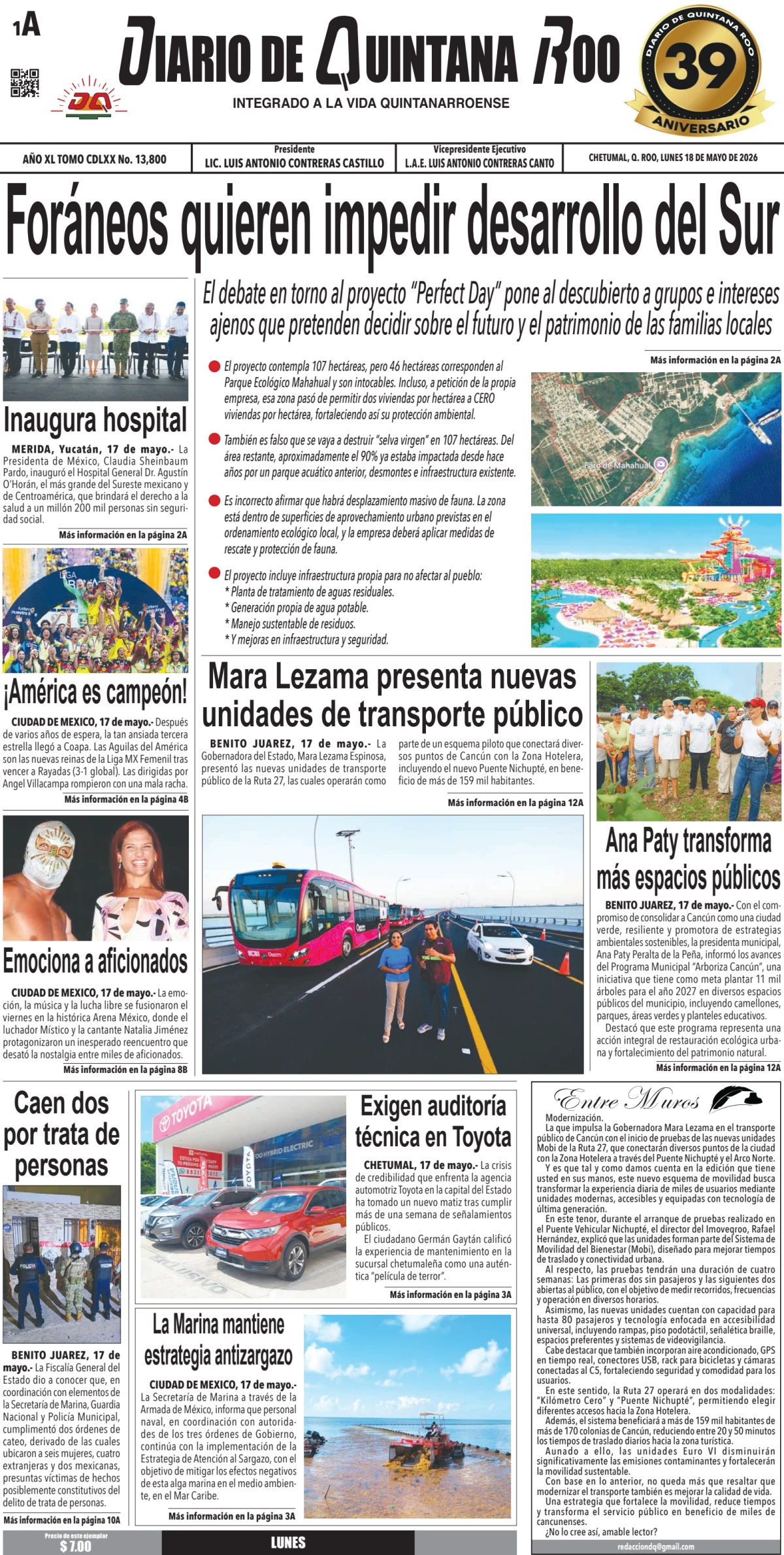Portada de Diario de Quintana Roo (portada) del lunes, 18 de mayo de 2026