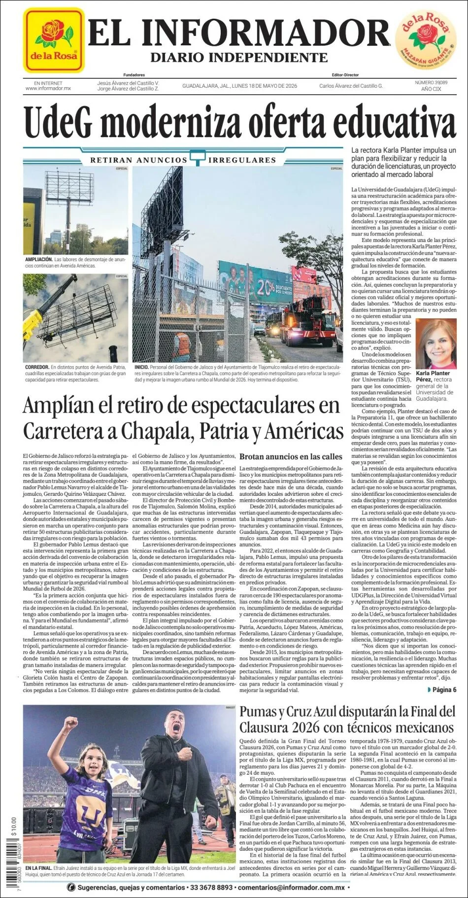Portada de El Informador del lunes, 18 de mayo de 2026