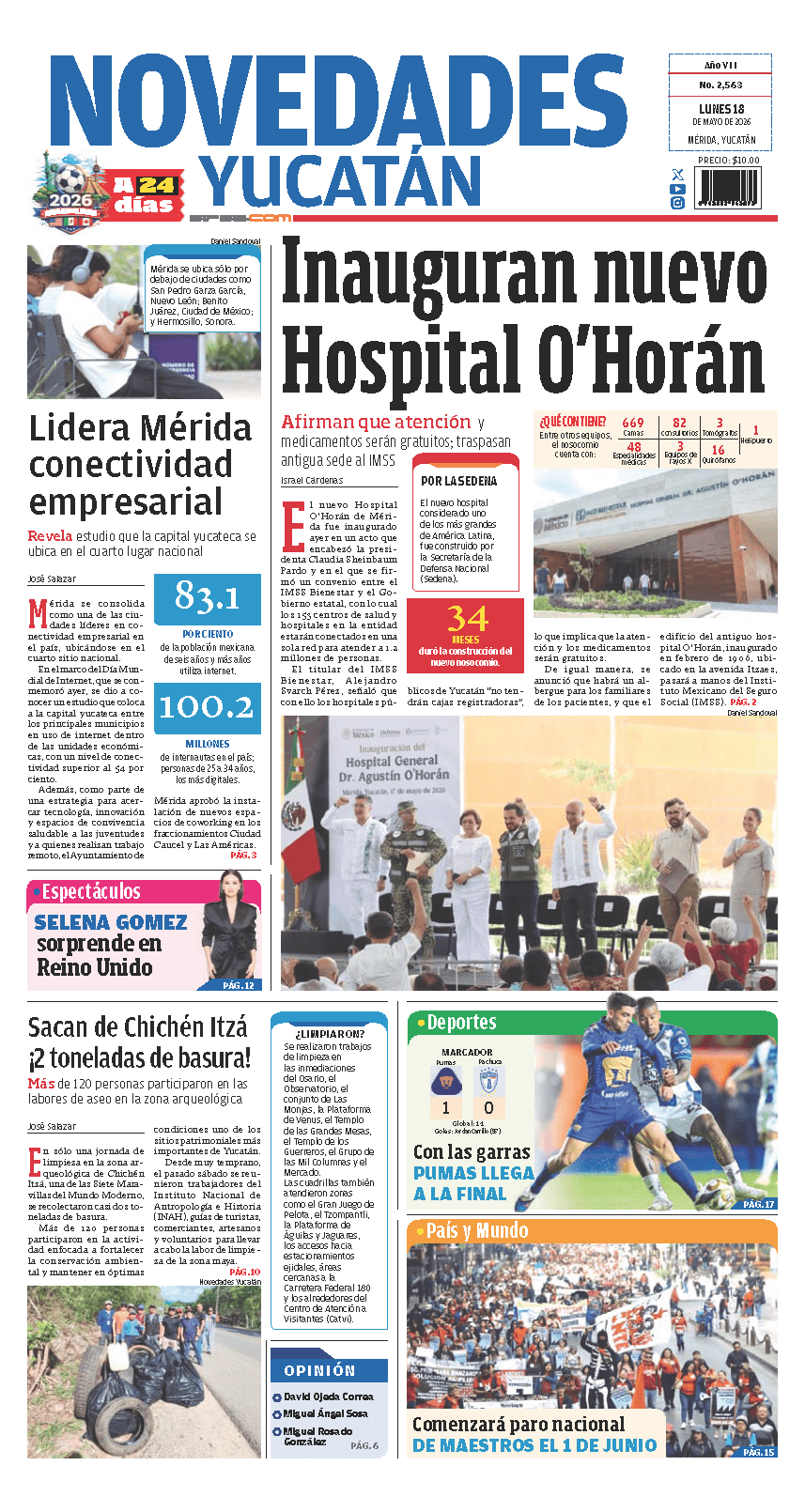 Portada de Novedades Yucatan del lunes, 18 de mayo de 2026