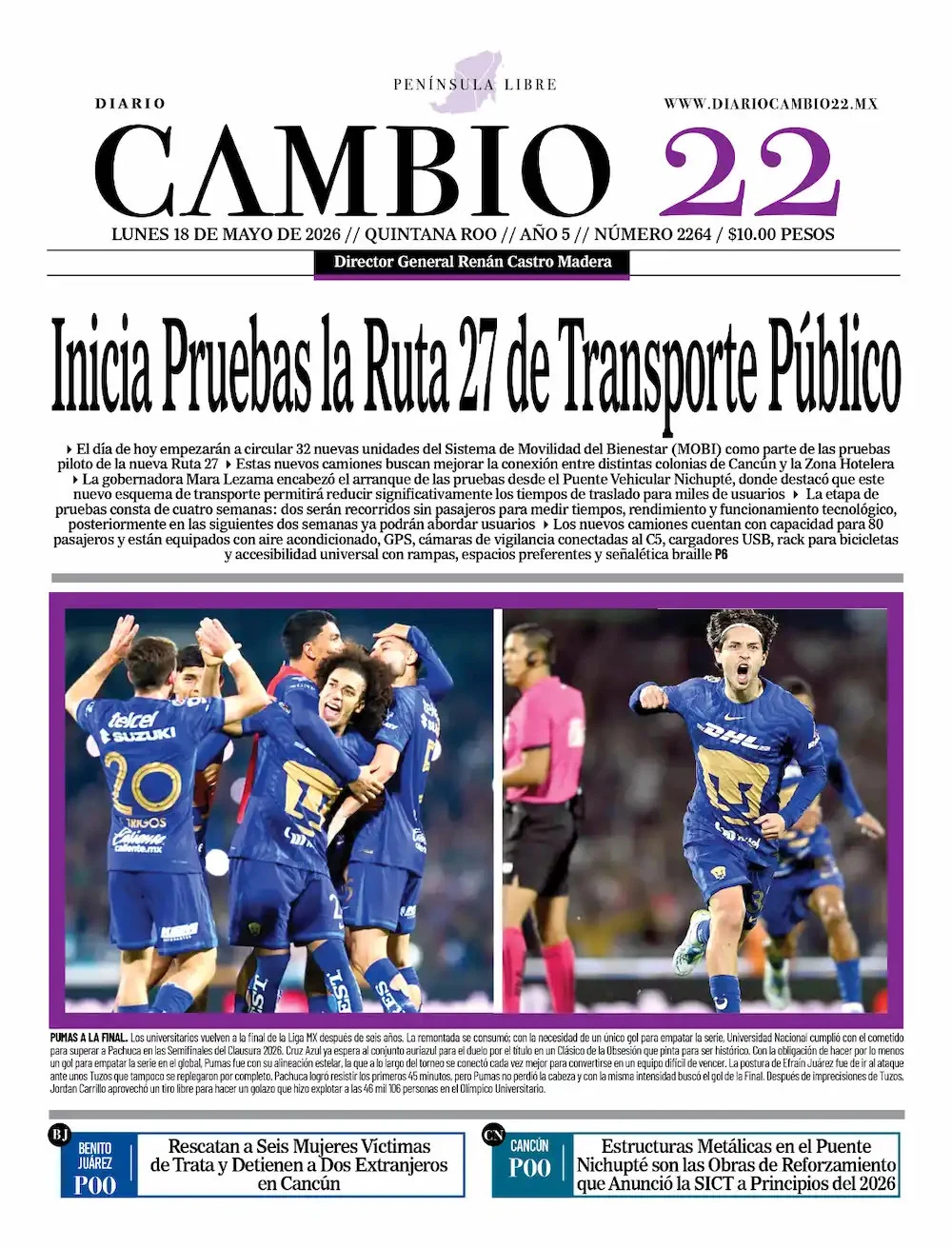 Portada de Diario Cambio 22 (portada) del lunes, 18 de mayo de 2026