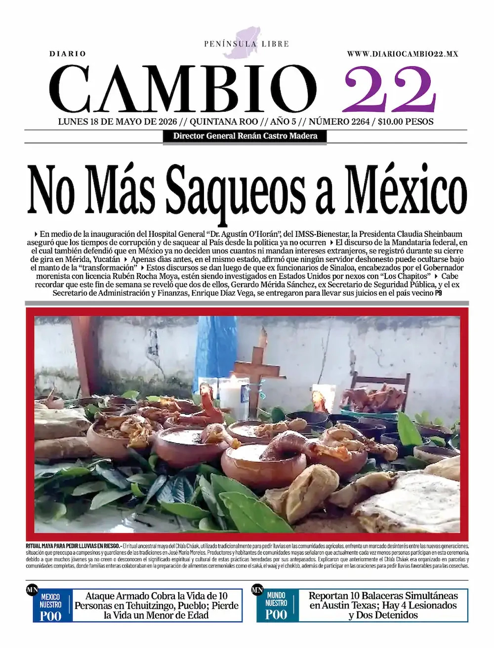 Portada de Diario Cambio 22 (contraportada) del lunes, 18 de mayo de 2026