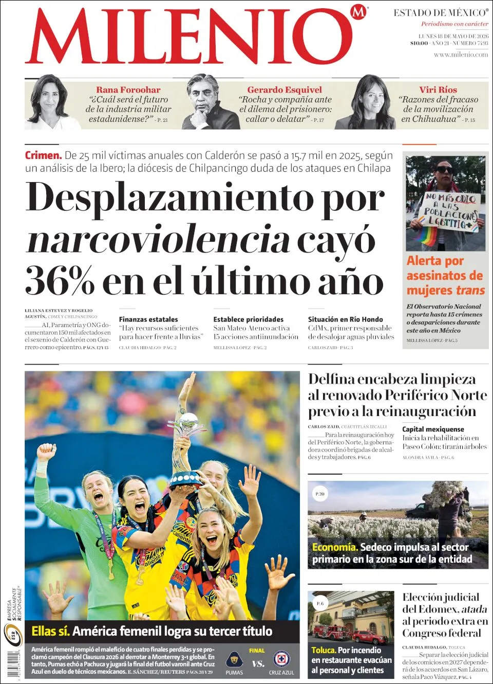 Portada de Milenio Edo de Mexico del lunes, 18 de mayo de 2026