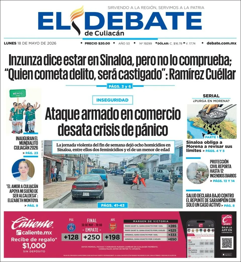 Portada de El Debate de Culiacan del lunes, 18 de mayo de 2026