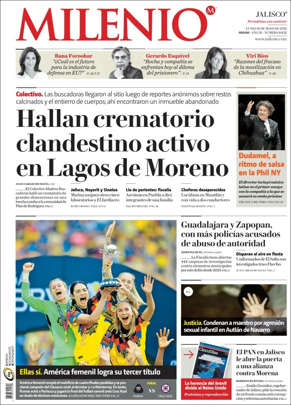 Portada de Milenio Jalisco del lunes, 18 de mayo de 2026