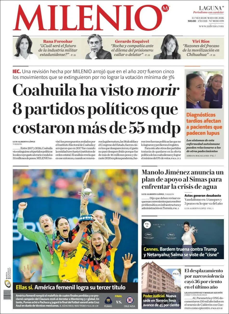 Portada de Milenio Laguna del lunes, 18 de mayo de 2026