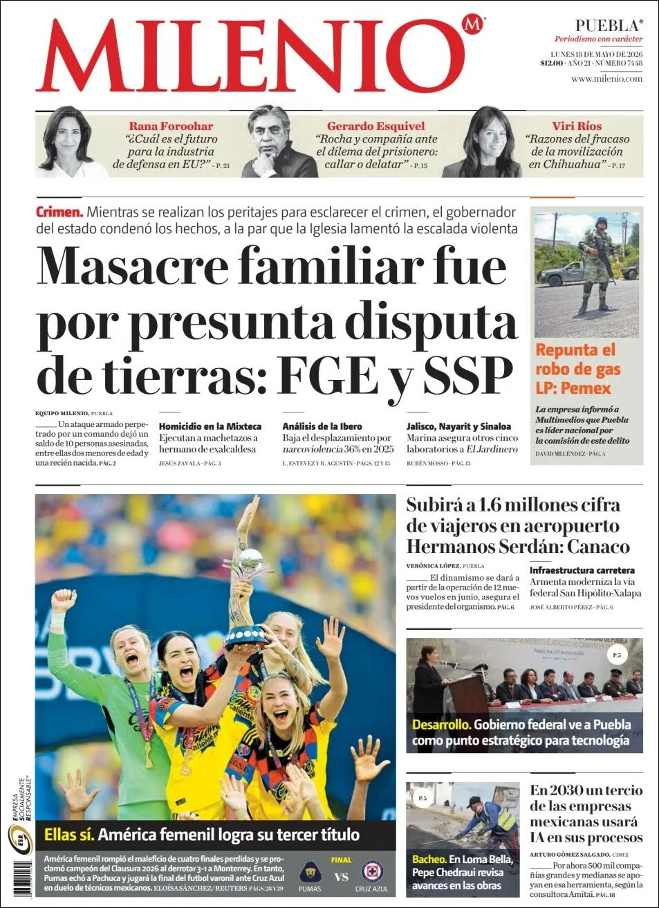 Portada de Milenio Puebla del lunes, 18 de mayo de 2026