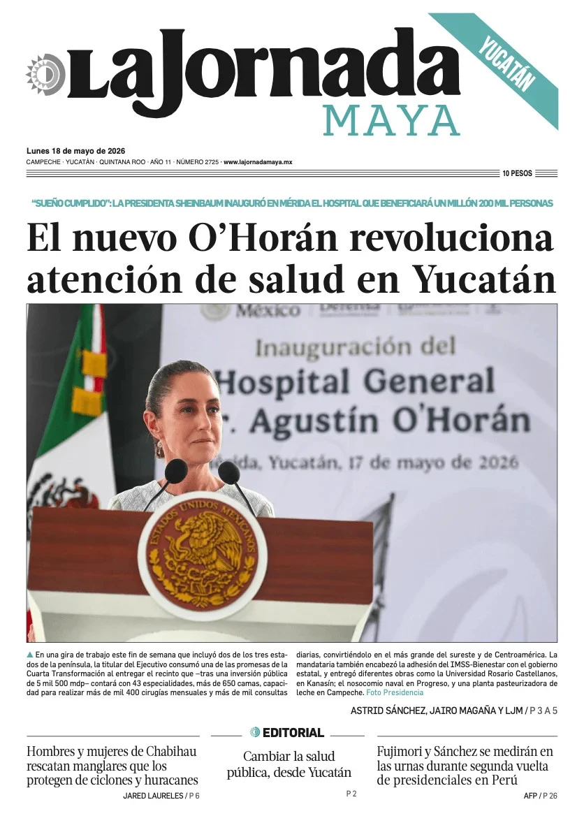 Portada de La Jornada Maya Yucatán del lunes, 18 de mayo de 2026