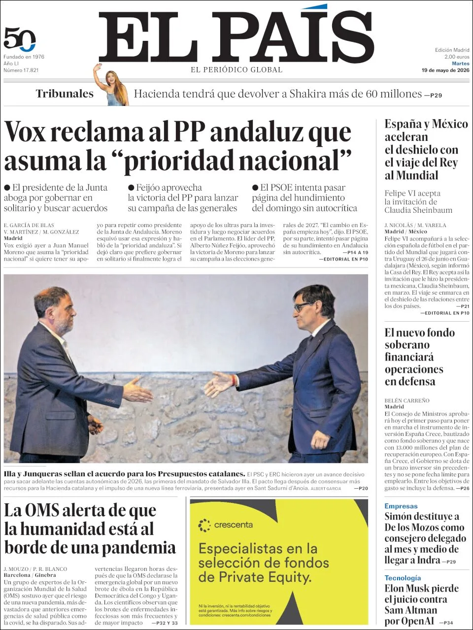 Portada de El Pais del martes, 19 de mayo de 2026