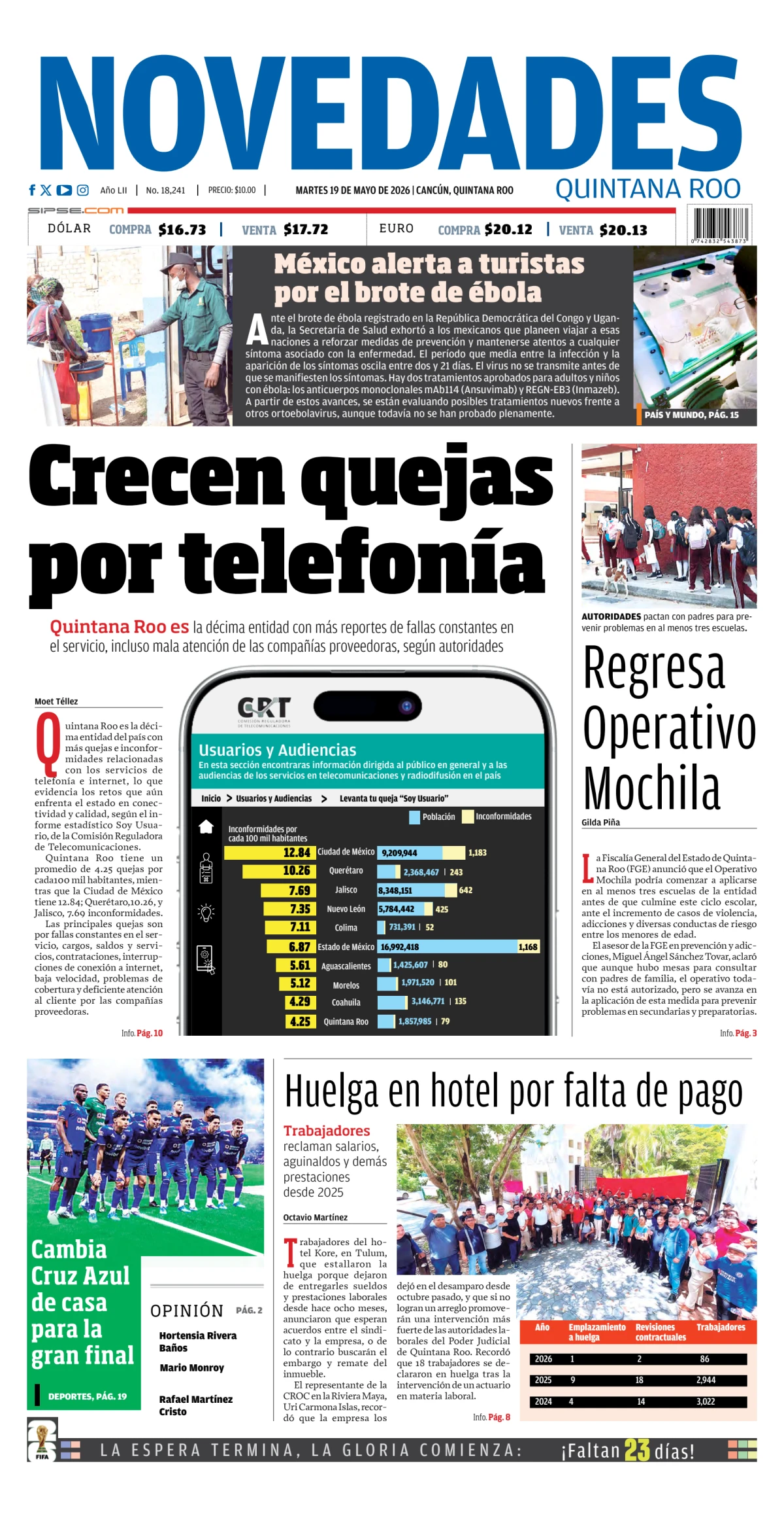 Portada de Novedades Quintana Roo del martes, 19 de mayo de 2026