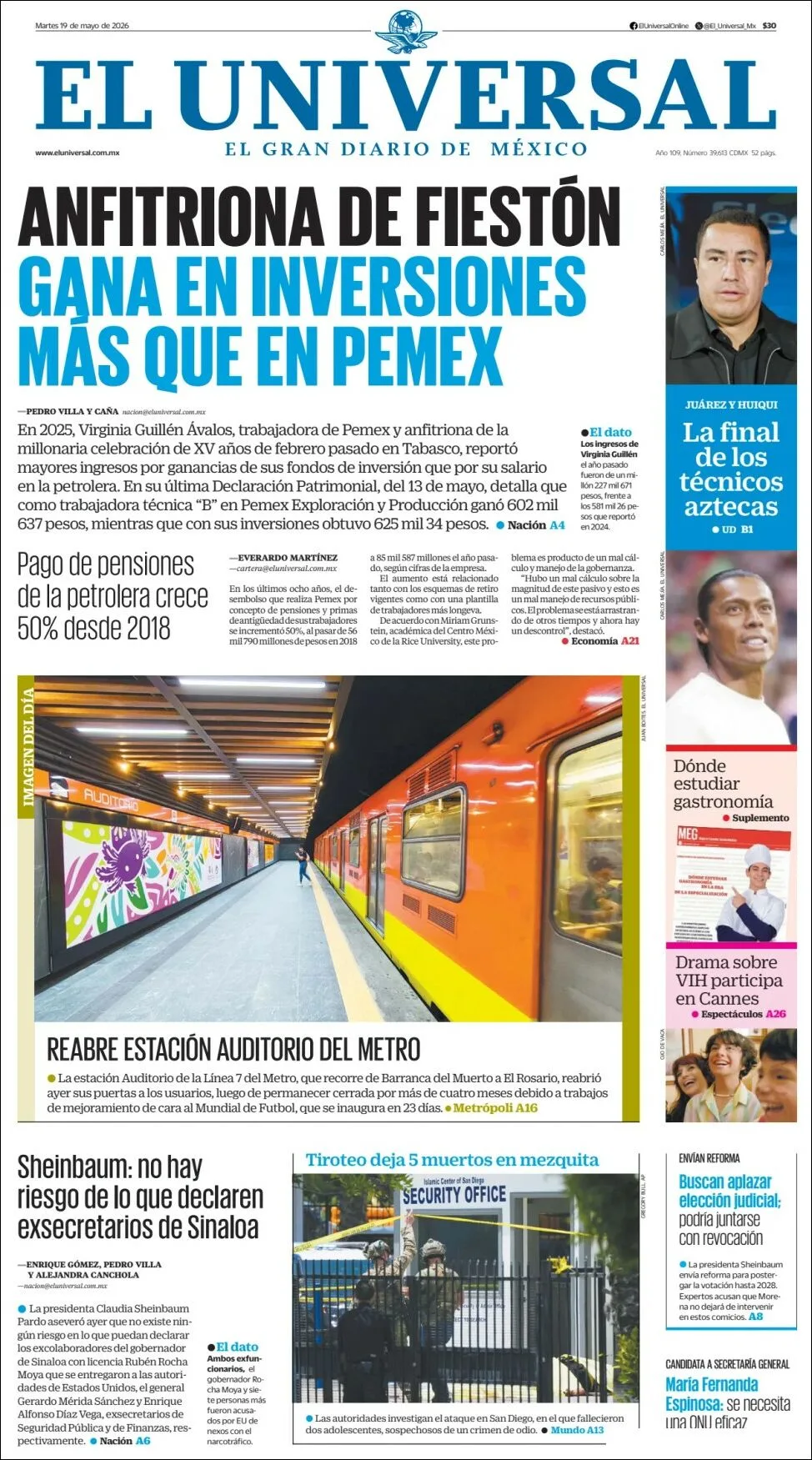 Portada de El Universal del martes, 19 de mayo de 2026