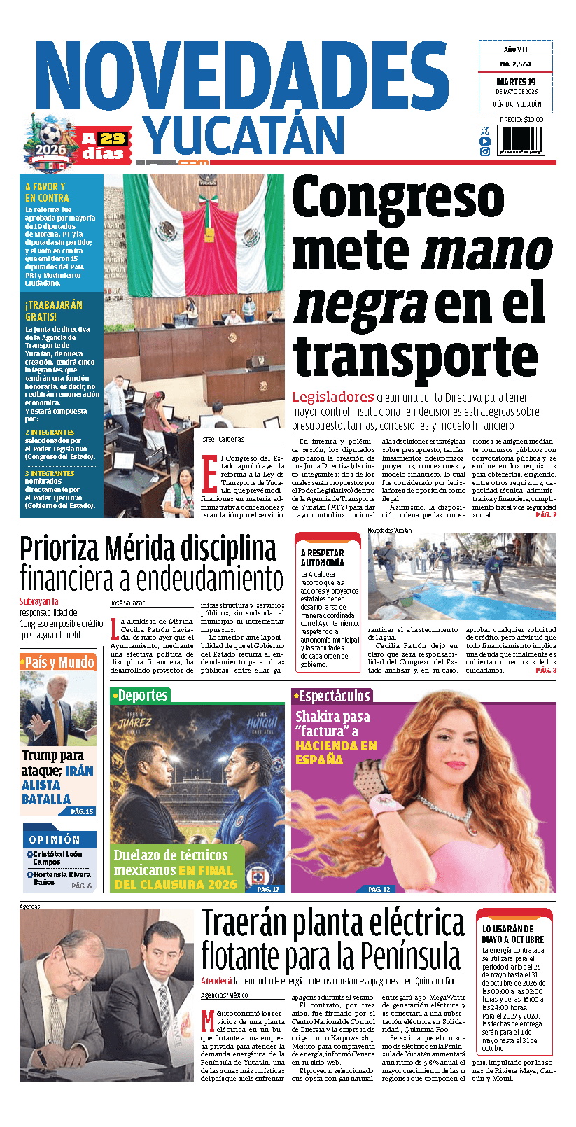 Portada de Novedades Yucatan del martes, 19 de mayo de 2026