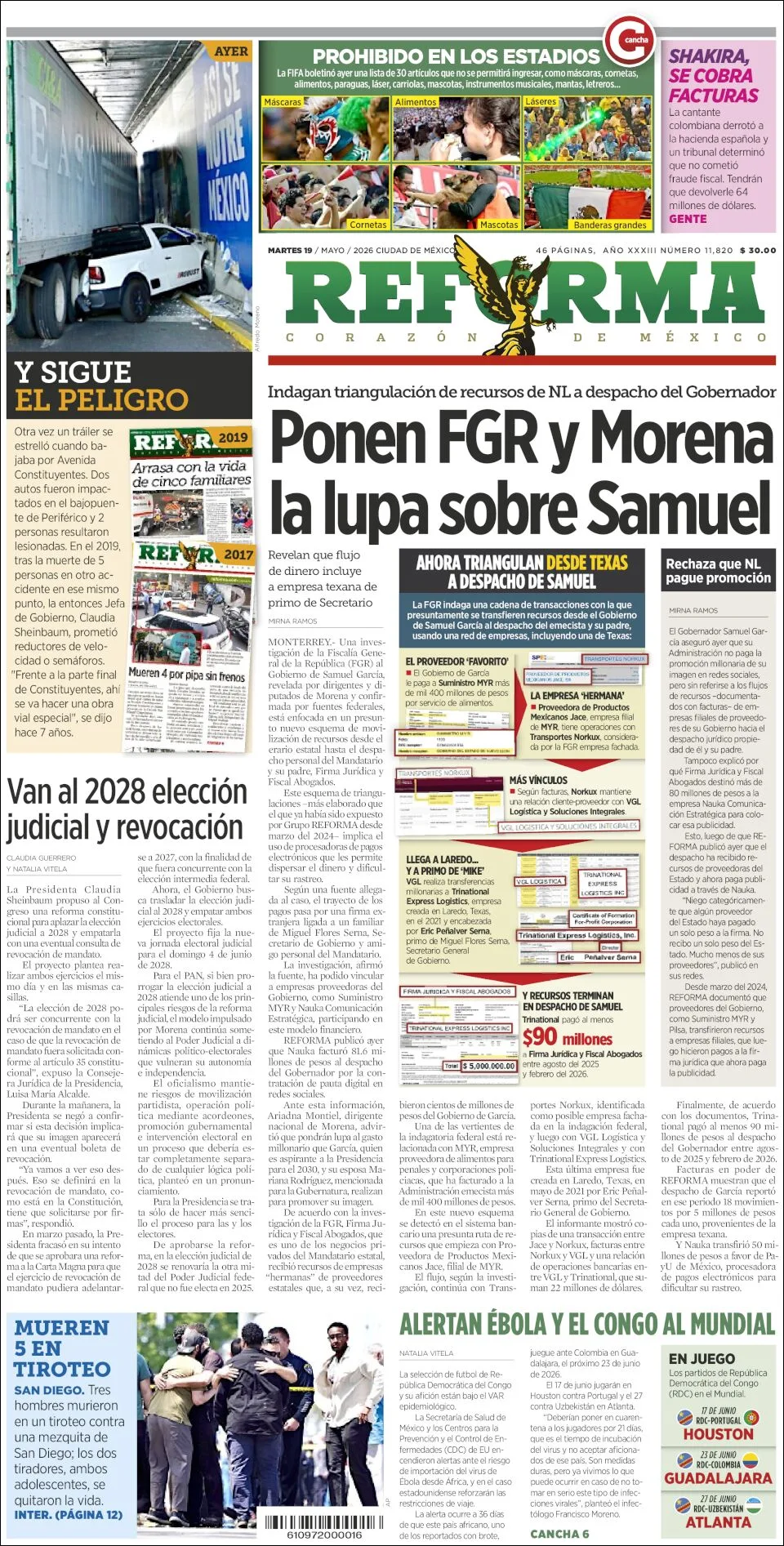 Portada de Reforma del martes, 19 de mayo de 2026