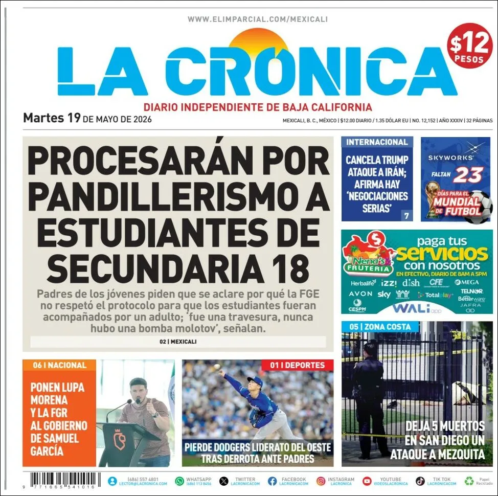 Portada de La Cronica del martes, 19 de mayo de 2026