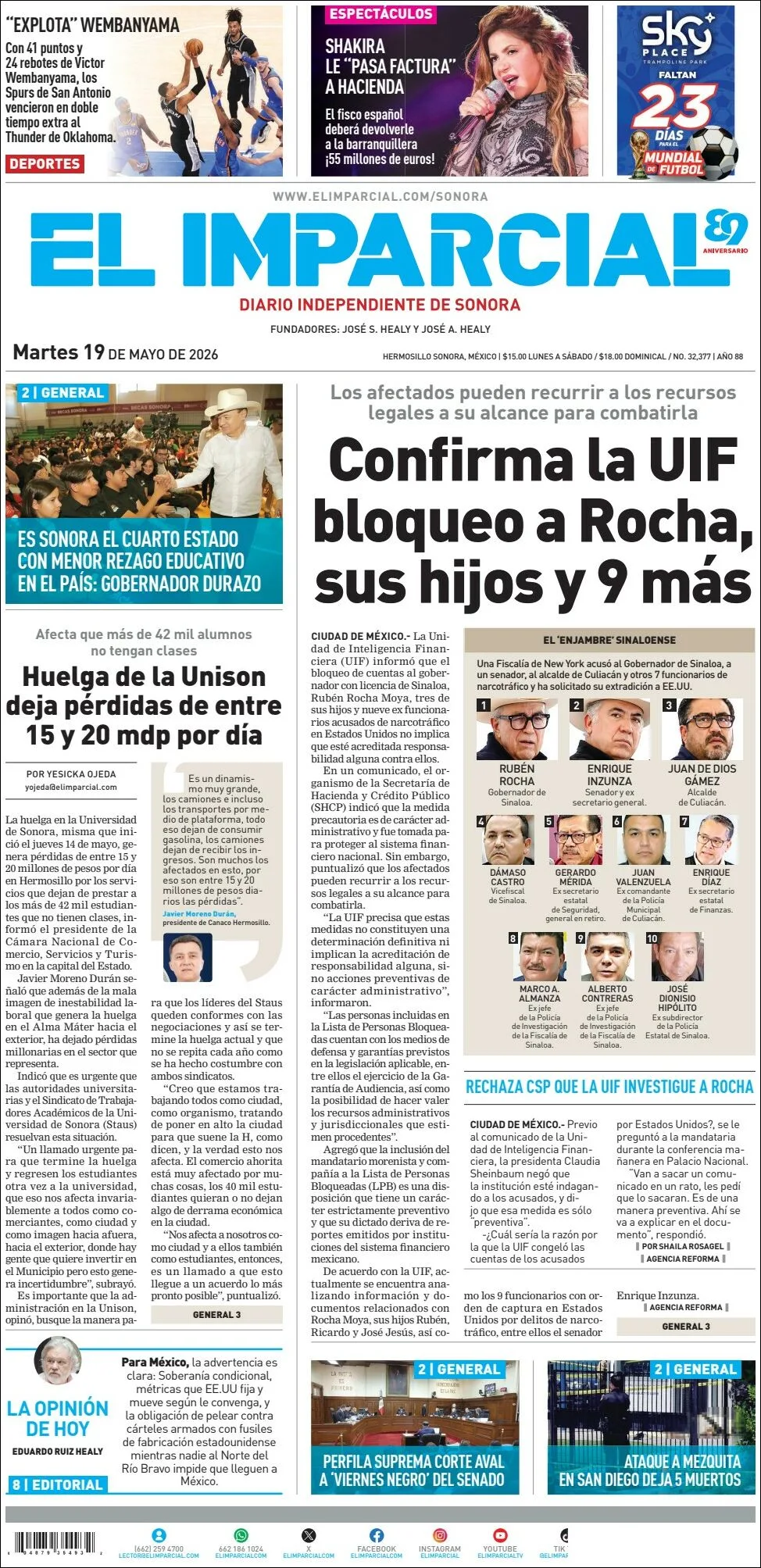 Portada de El Imparcial del martes, 19 de mayo de 2026