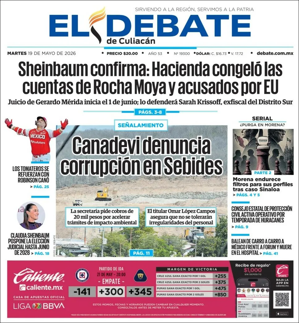 Portada de El Debate de Culiacan del martes, 19 de mayo de 2026