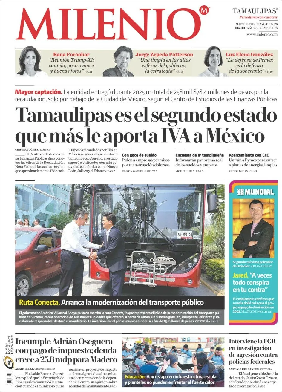Portada de Milenio Tamaulipas del martes, 19 de mayo de 2026
