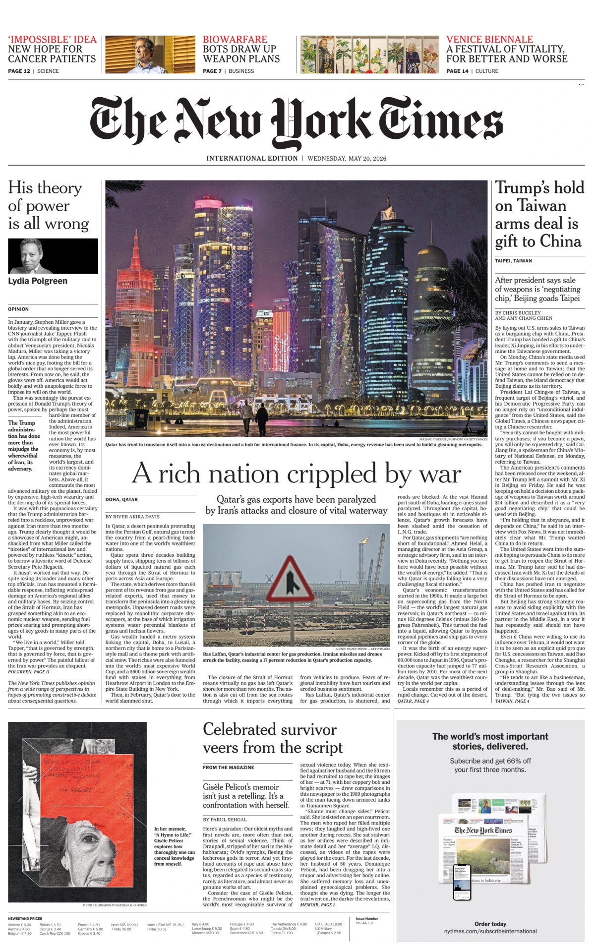 Portada de The New York Times (international) del miércoles, 20 de mayo de 2026