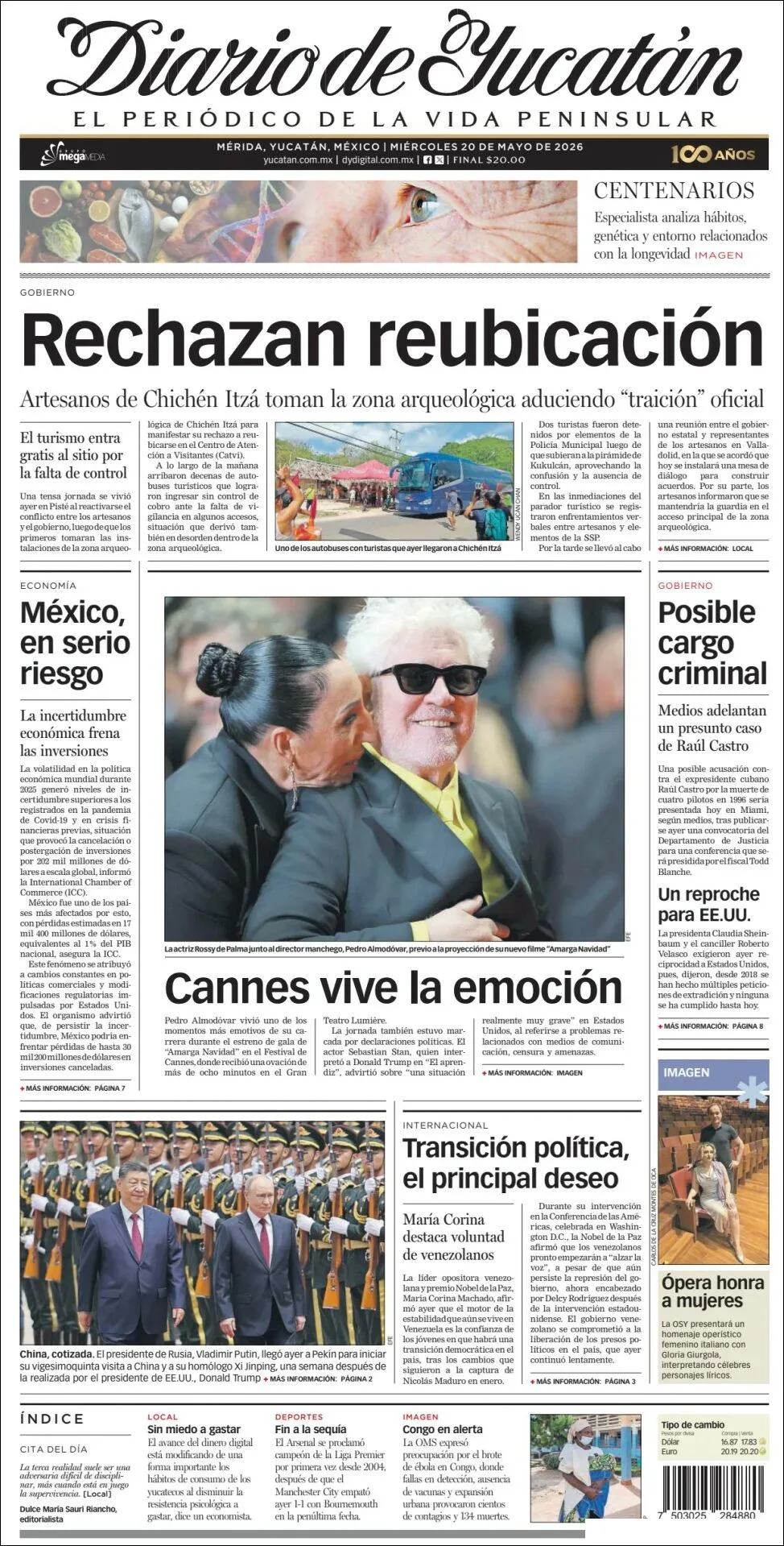 Portada de Diario de Yucatán del miércoles, 20 de mayo de 2026