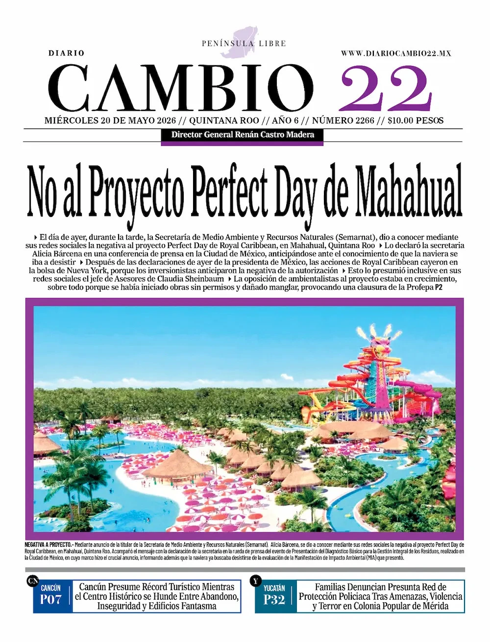 Portada de Diario Cambio 22 (portada) del miércoles, 20 de mayo de 2026