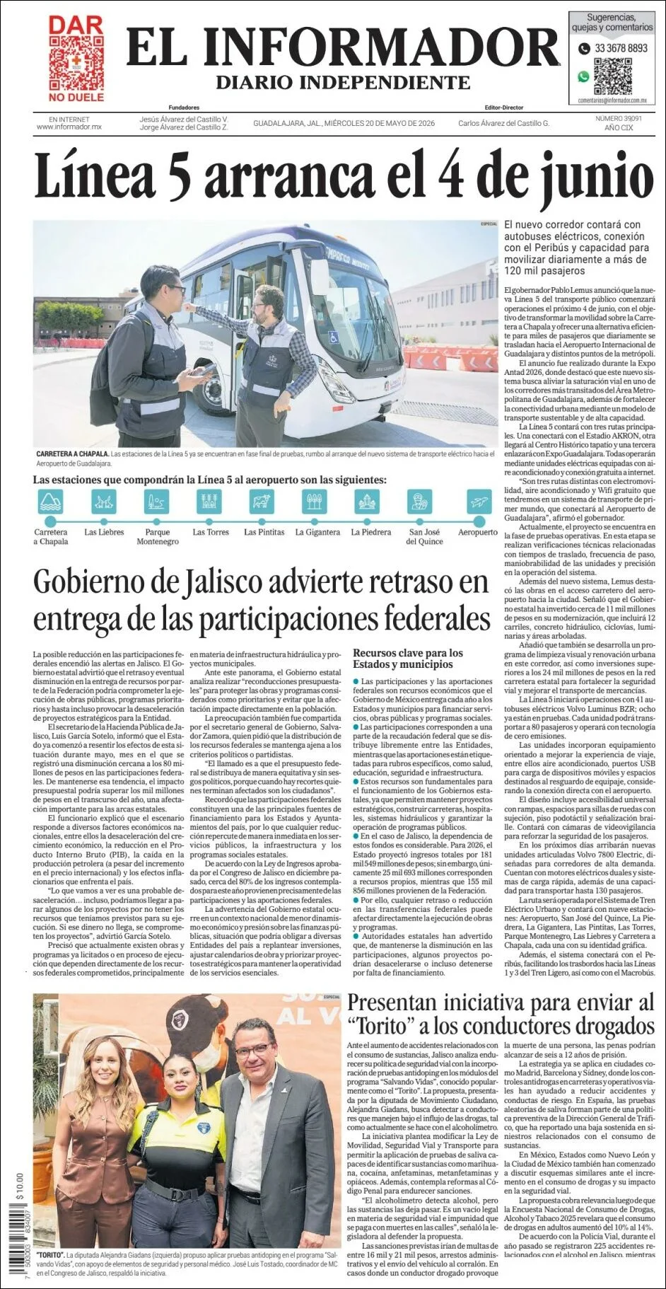 Portada de El Informador del miércoles, 20 de mayo de 2026