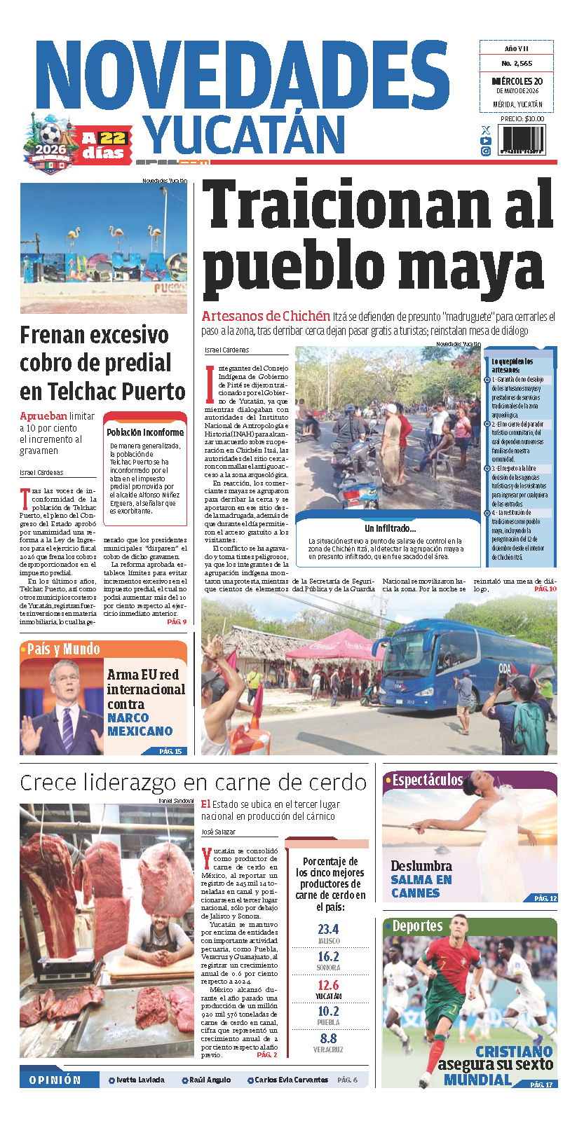 Portada de Novedades Yucatan del miércoles, 20 de mayo de 2026