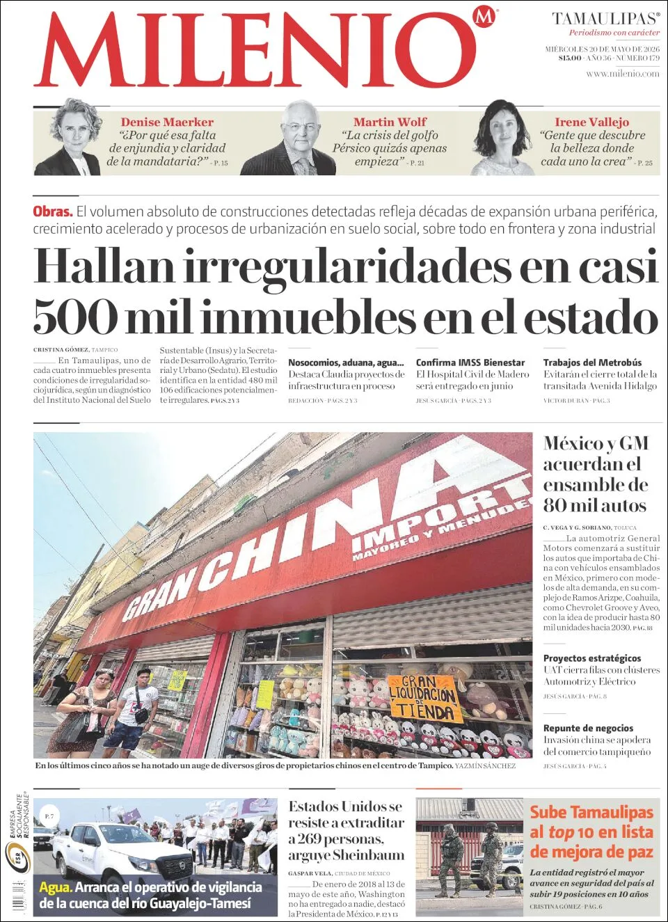 Portada de Milenio Tamaulipas del miércoles, 20 de mayo de 2026