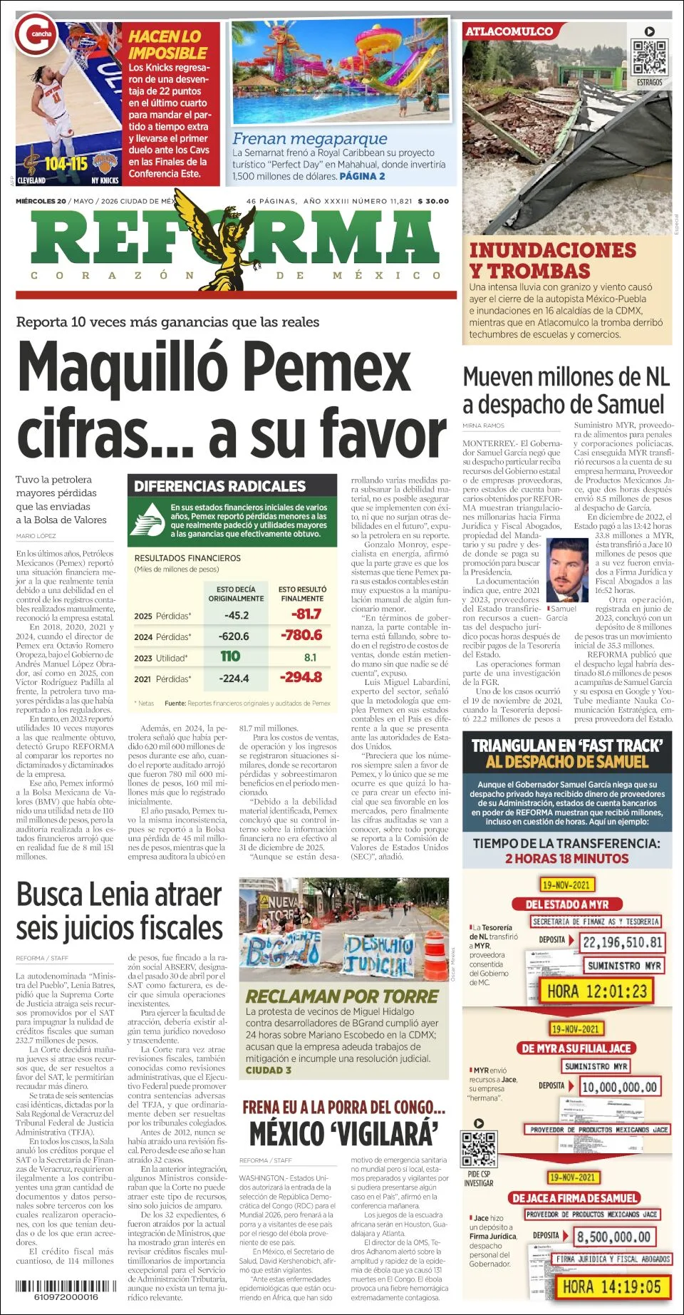 Portada de Reforma del miércoles, 20 de mayo de 2026