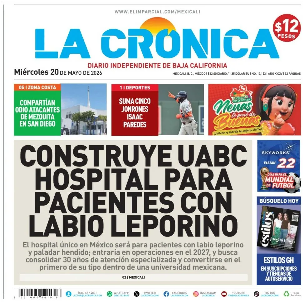 Portada de La Cronica del miércoles, 20 de mayo de 2026