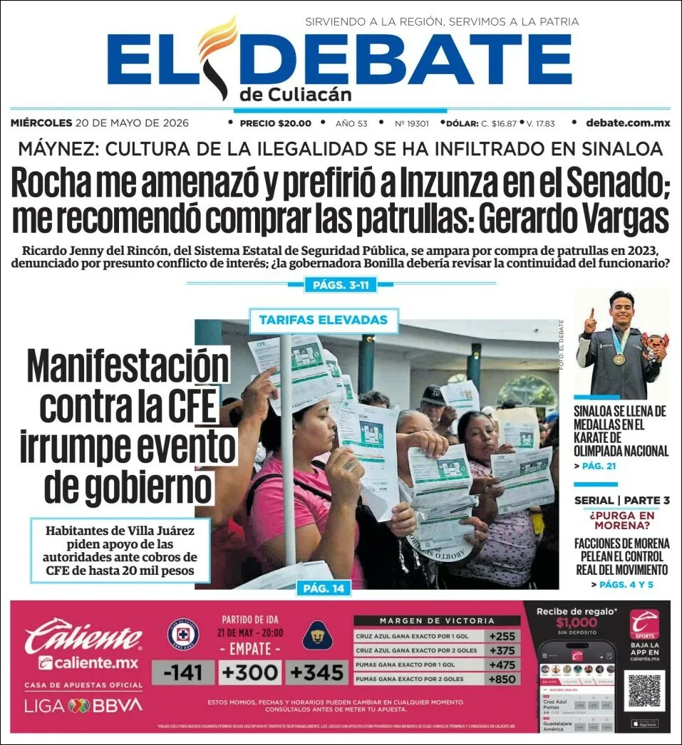 Portada de El Debate de Culiacan del miércoles, 20 de mayo de 2026