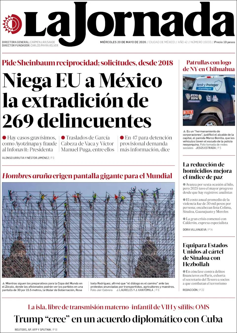 Portada de La Jornada del miércoles, 20 de mayo de 2026
