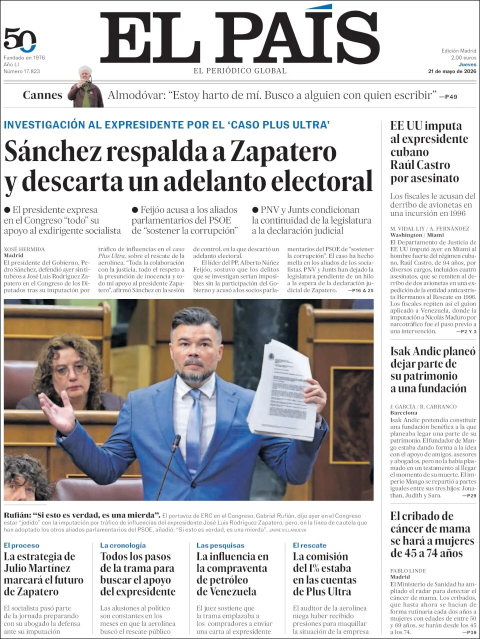 Portada de El Pais del jueves, 21 de mayo de 2026