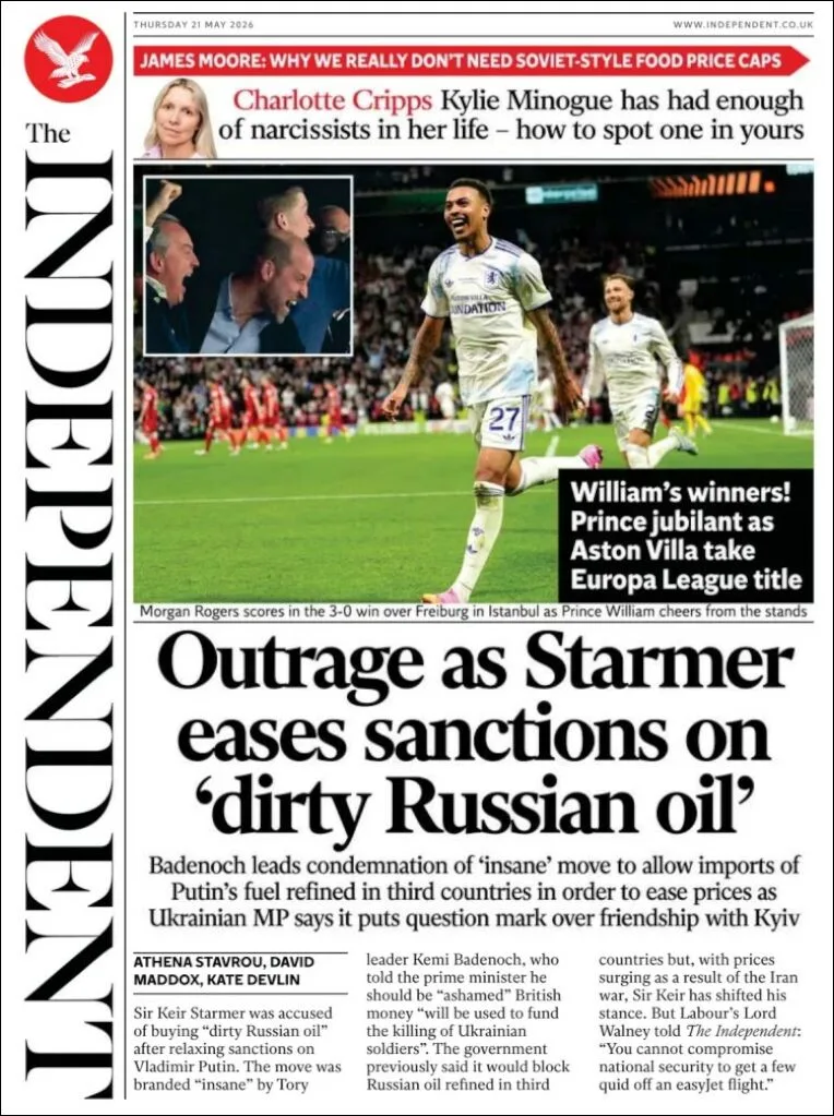 Portada de The Independent del jueves, 21 de mayo de 2026