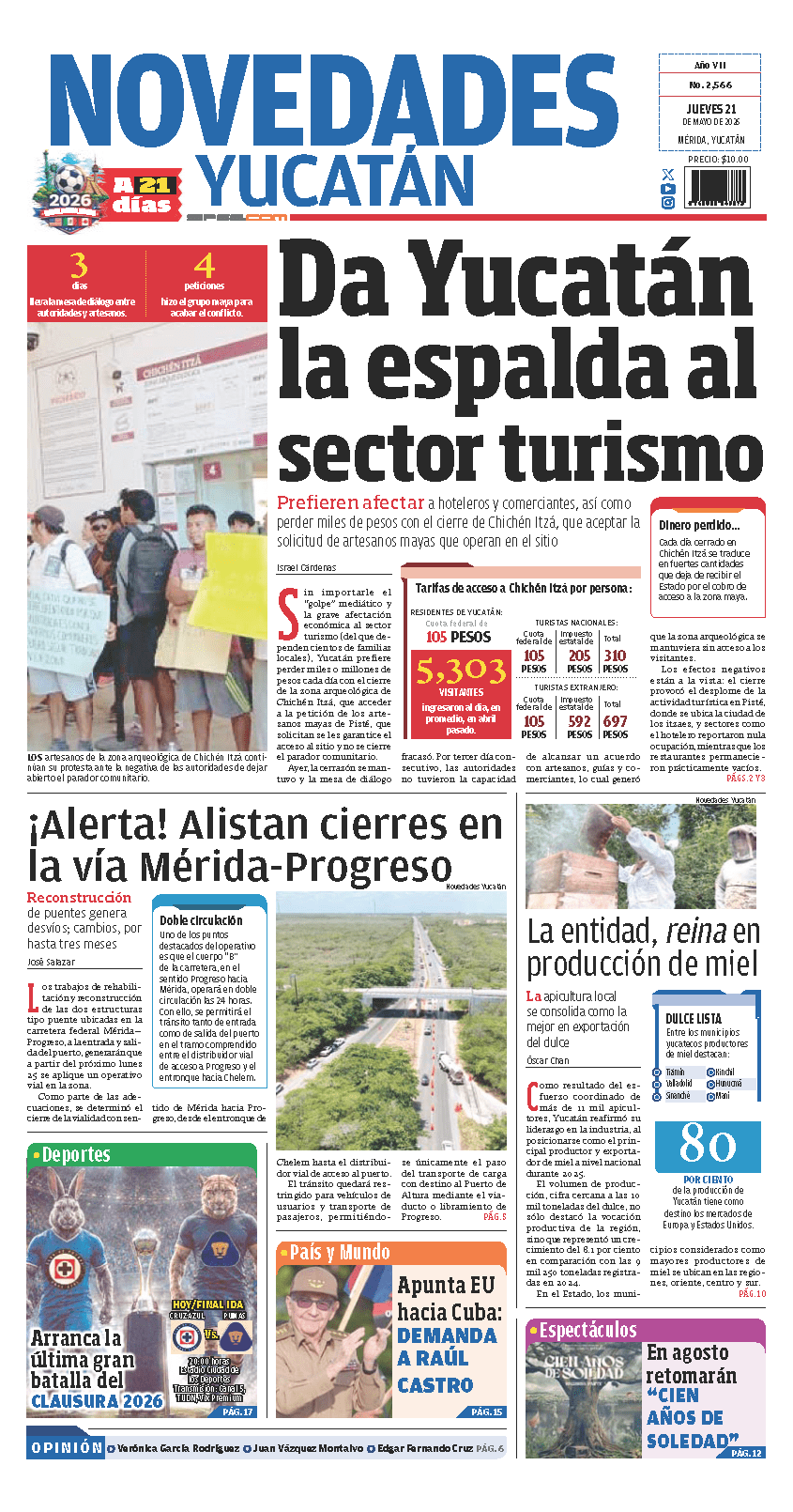 Portada de Novedades Yucatan del jueves, 21 de mayo de 2026