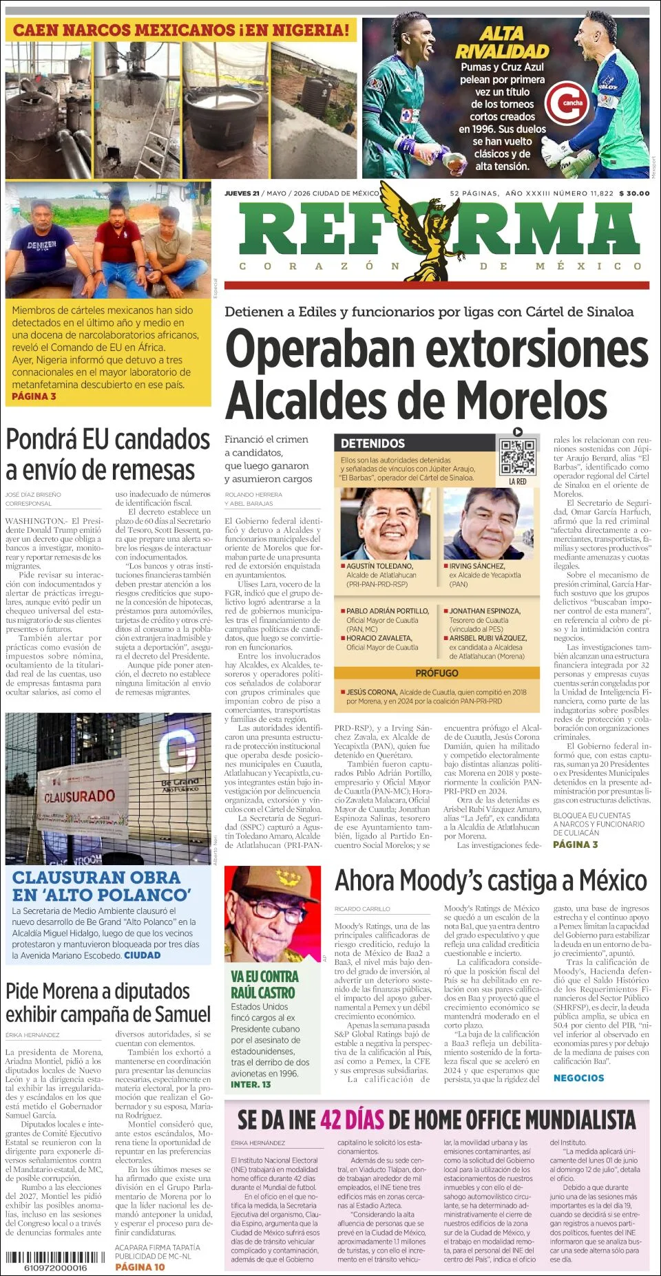 Portada de Reforma del jueves, 21 de mayo de 2026