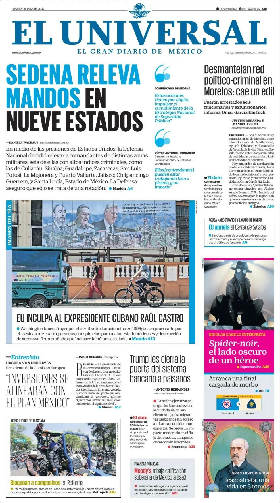 Portada de El Universal del jueves, 21 de mayo de 2026