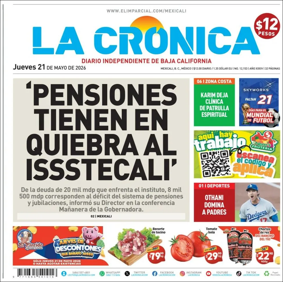 Portada de La Cronica del jueves, 21 de mayo de 2026