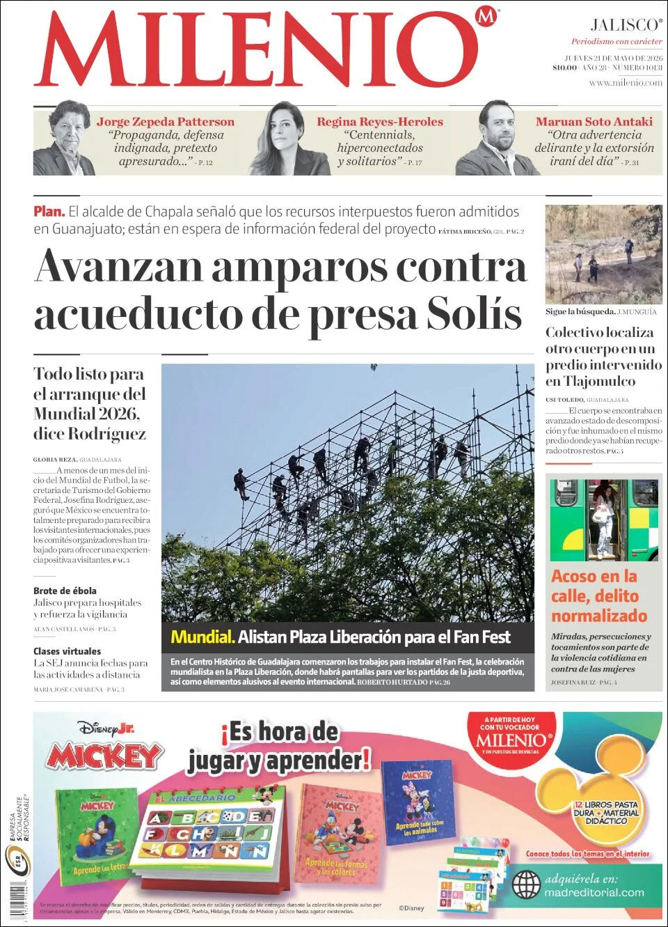 Portada de Milenio Jalisco del jueves, 21 de mayo de 2026