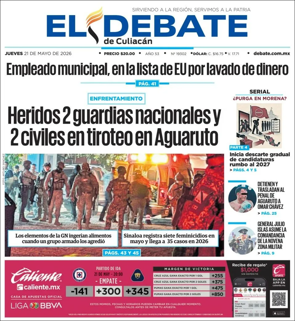 Portada de El Debate de Culiacan del jueves, 21 de mayo de 2026
