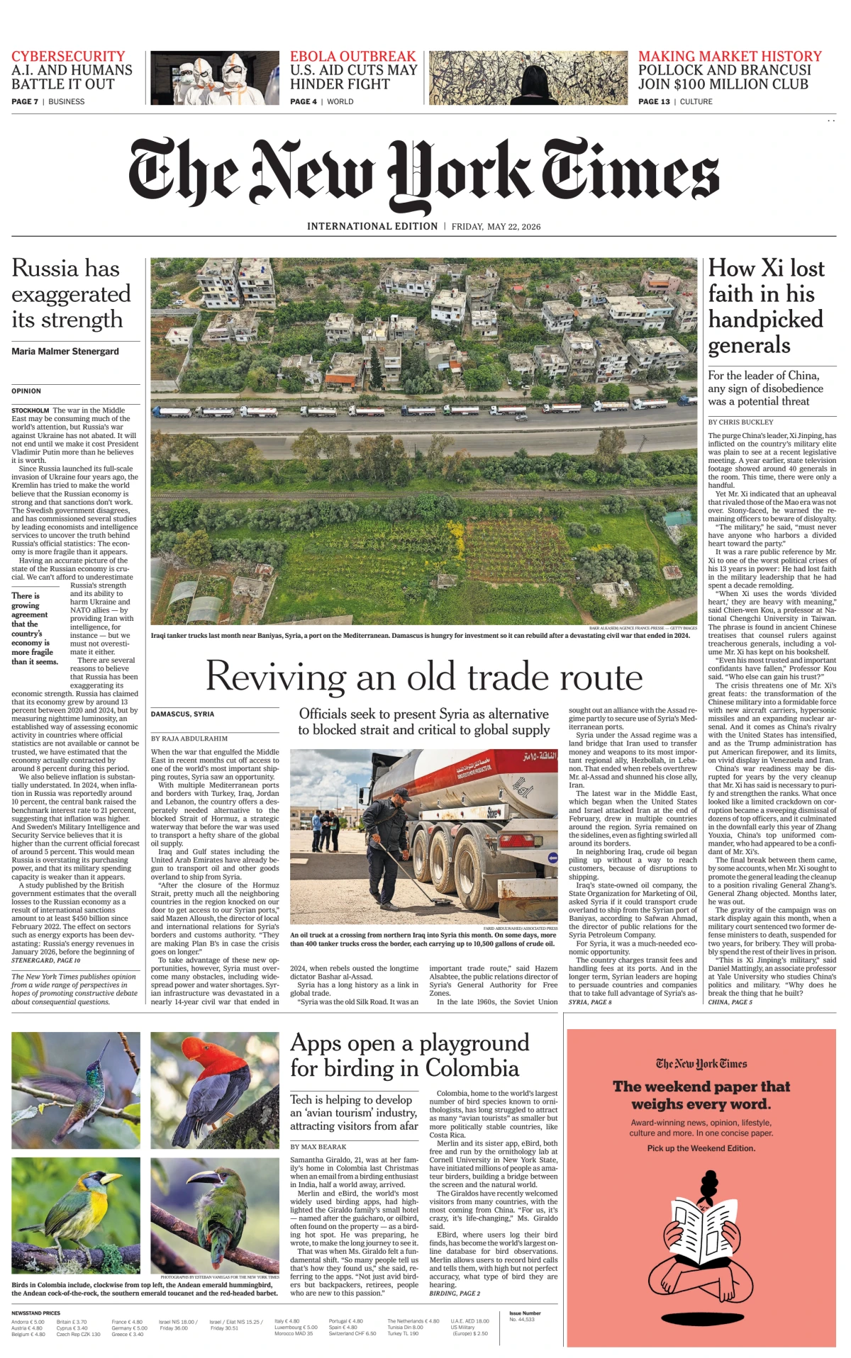 Portada de The New York Times (international) del viernes, 22 de mayo de 2026
