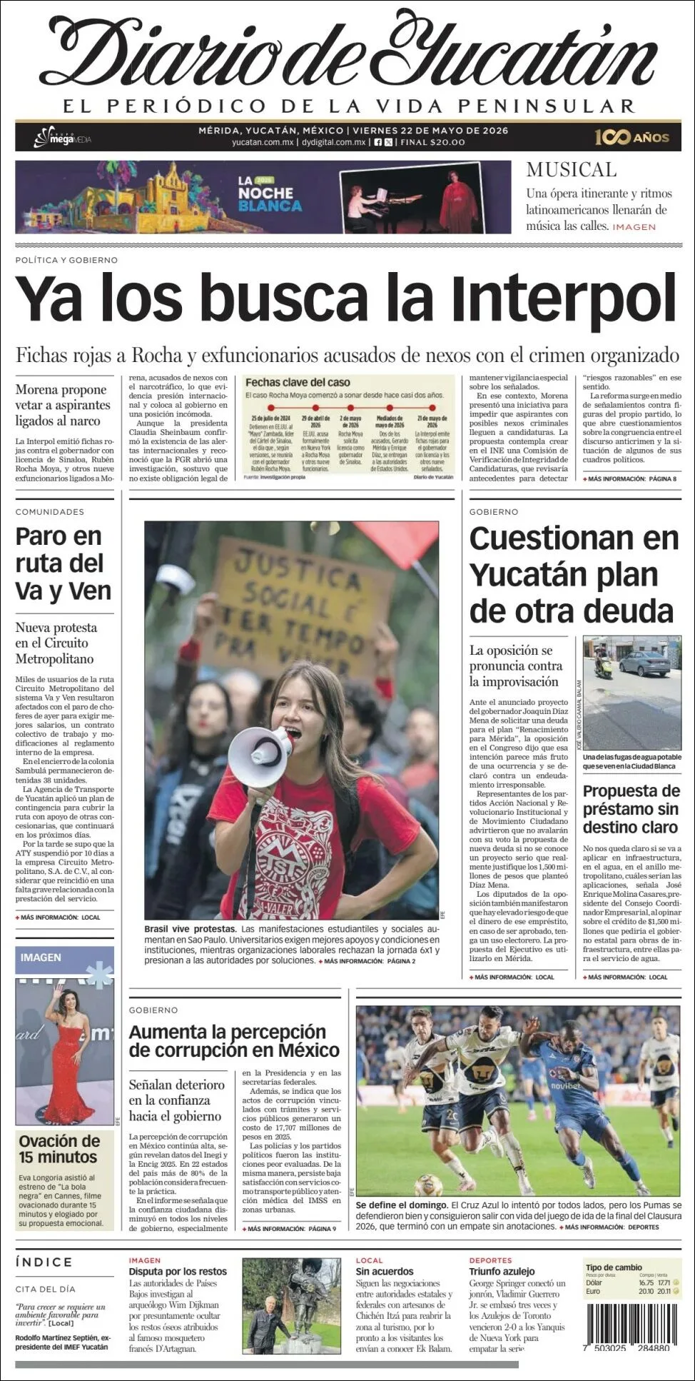 Portada de Diario de Yucatán del viernes, 22 de mayo de 2026